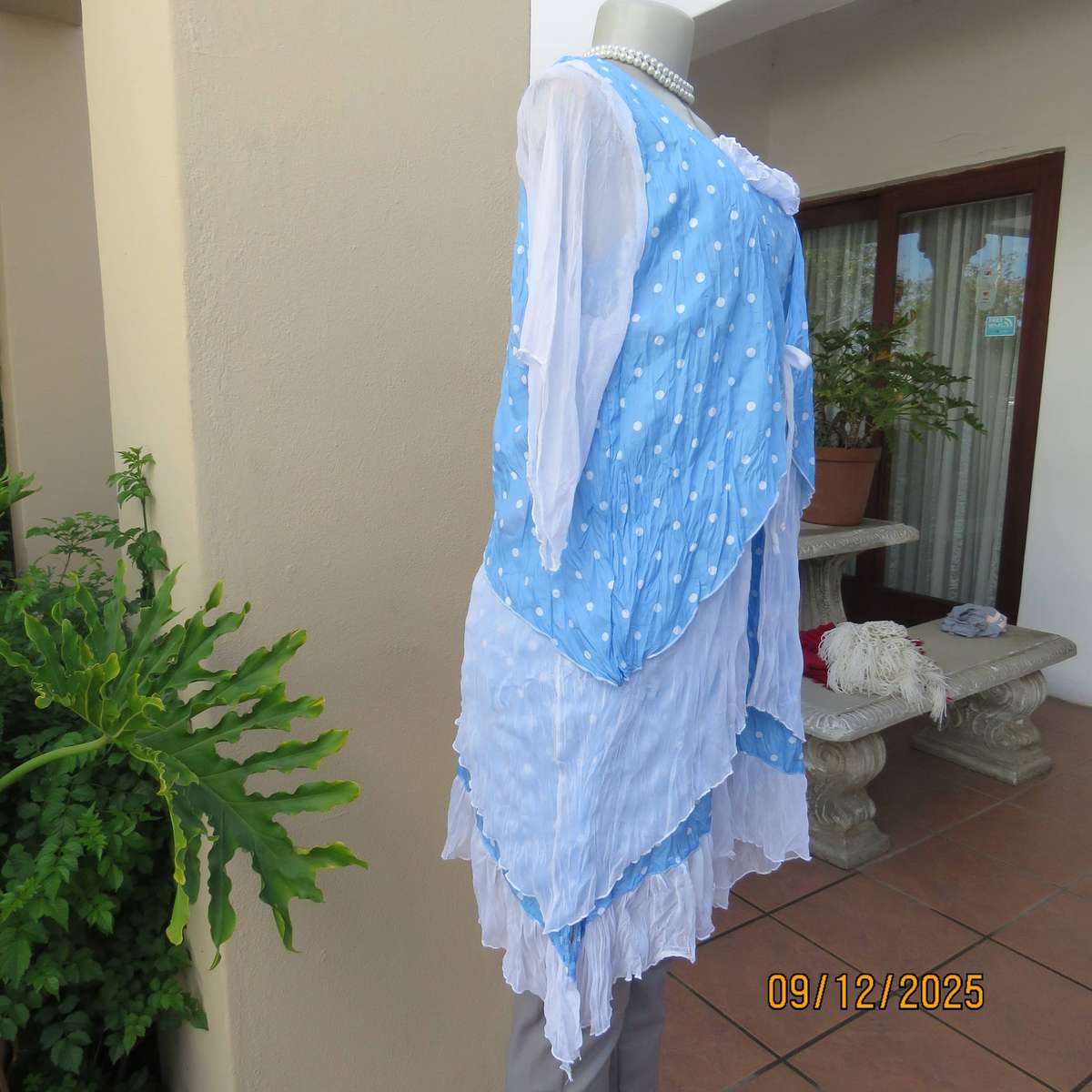 Skyblue white polkadot 2 pc long top in creased polyester-netting. Size 38