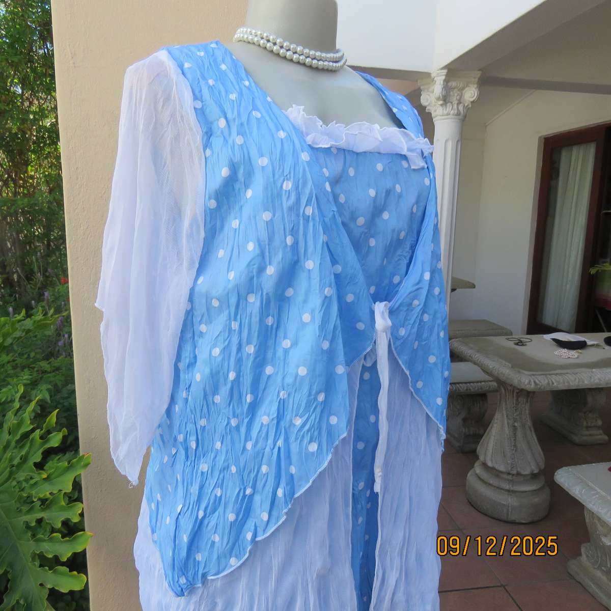 Skyblue white polkadot 2 pc long top in creased polyester-netting. Size 38