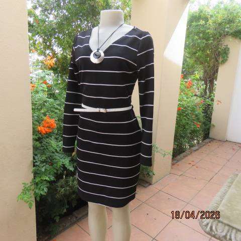 Black textured stretch polyester long sleeve dress with white stripes, V neck, size 36