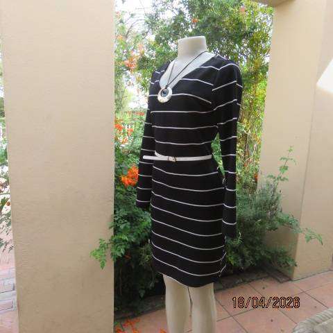Black textured stretch polyester long sleeve dress with white stripes, V neck, size 36