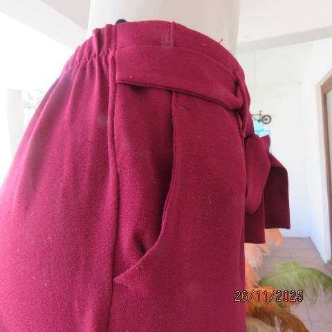 Maroon stretch polyester skinny leg pants. Pleated front-elasticated back. Size 38