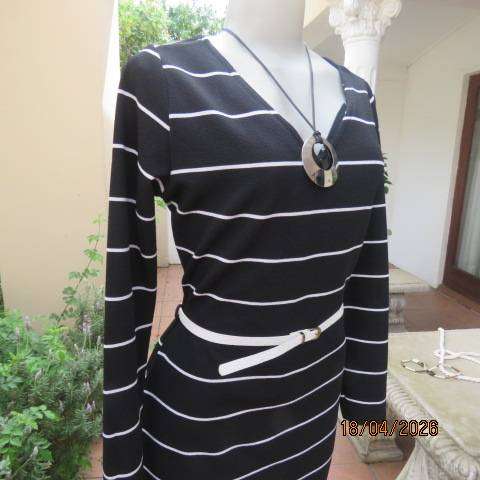 Black textured stretch polyester long sleeve dress with white stripes, V neck, size 36