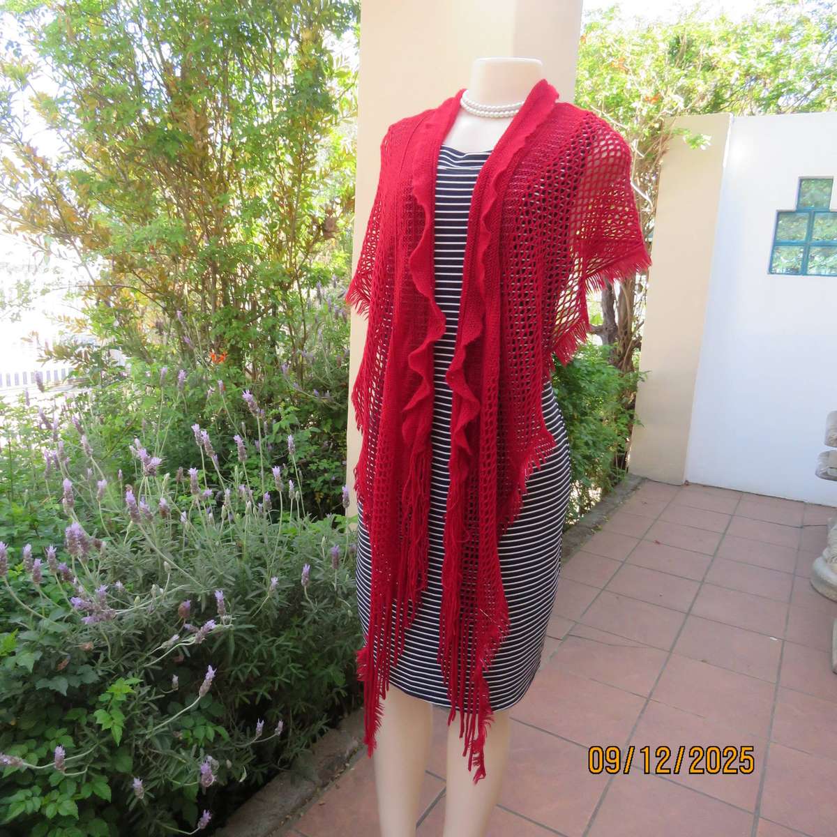 Ruby red stretch acrylic knit stole size 160cm x 50cm. With frill and fringed.