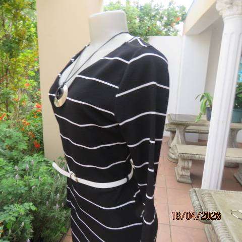 Black textured stretch polyester long sleeve dress with white stripes, V neck, size 36
