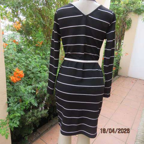 Black textured stretch polyester long sleeve dress with white stripes, V neck, size 36