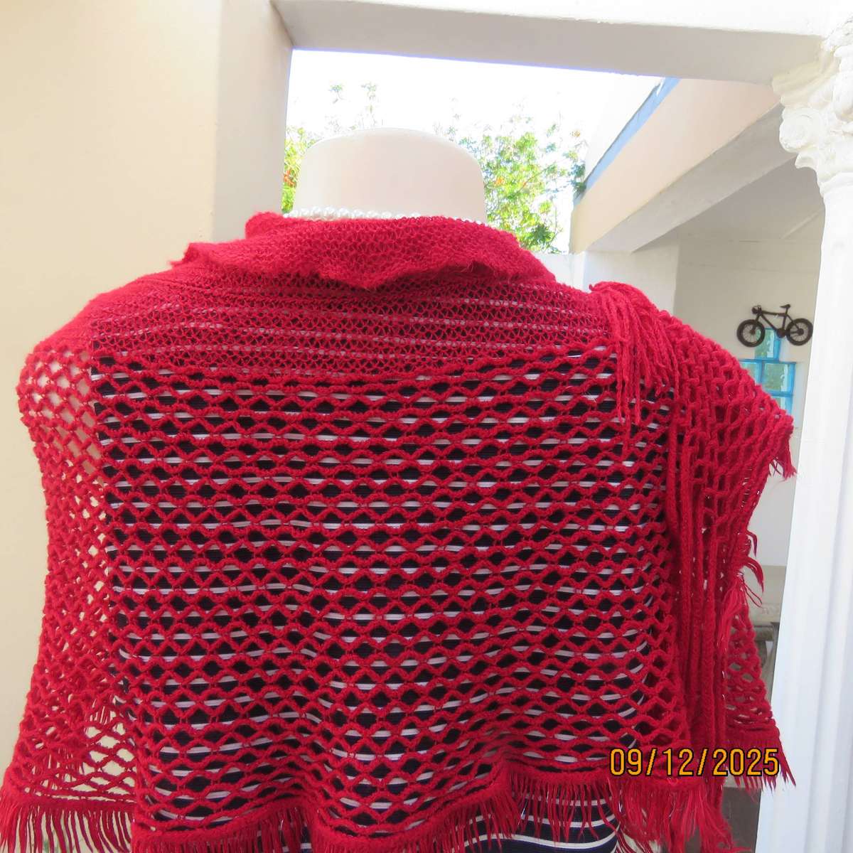 Ruby red stretch acrylic knit stole size 160cm x 50cm. With frill and fringed.