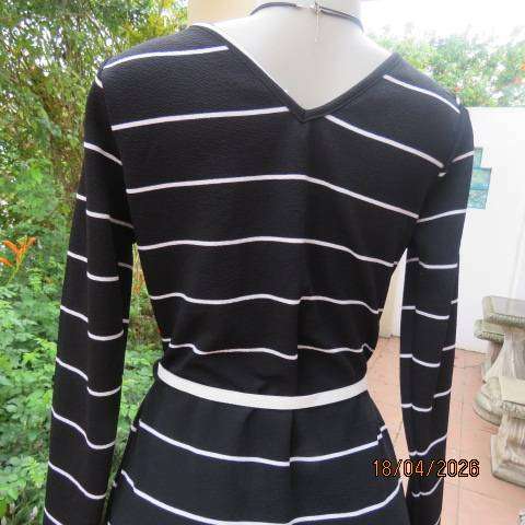 Black textured stretch polyester long sleeve dress with white stripes, V neck, size 36