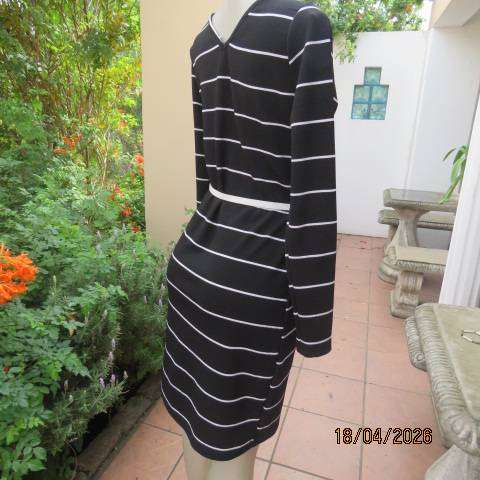 Black textured stretch polyester long sleeve dress with white stripes, V neck, size 36
