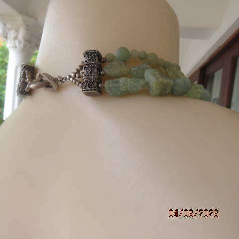 Aquamarine three-strand statement necklace with stones and tumbled chips and 925 clasp