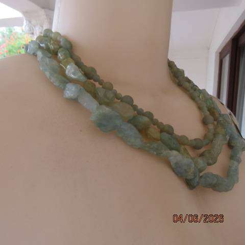 Aquamarine three-strand statement necklace with stones and tumbled chips and 925 clasp
