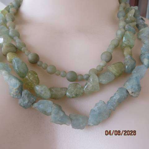 Aquamarine three-strand statement necklace with stones and tumbled chips and 925 clasp