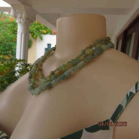Aquamarine three-strand statement necklace with stones and tumbled chips and 925 clasp