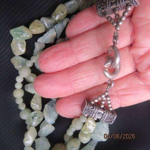 Aquamarine three-strand statement necklace with stones and tumbled chips and 925 clasp