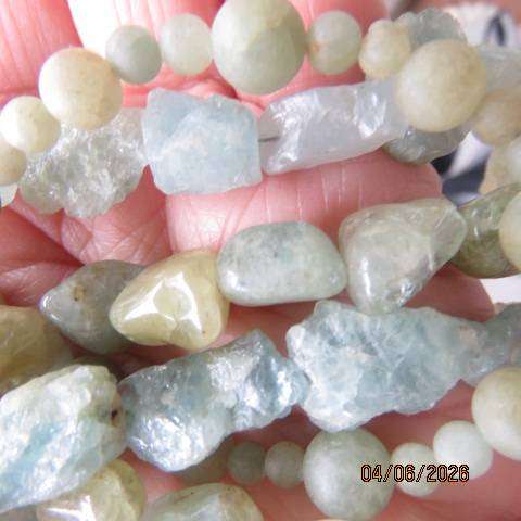 Aquamarine three-strand statement necklace with stones and tumbled chips and 925 clasp