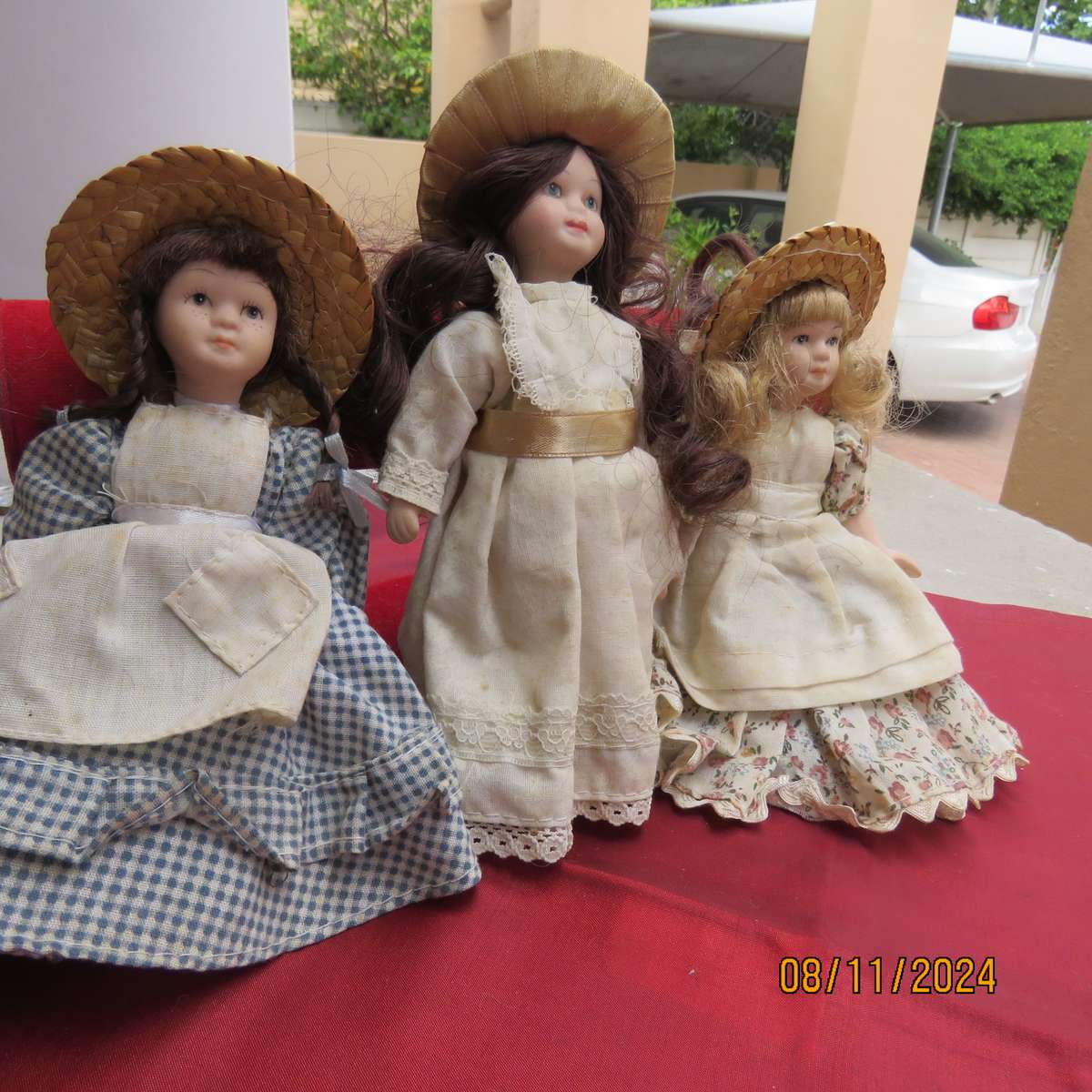 Set of 3 vintage collectable dolls with hats and long hair. Dressed. Height 15cm - 16.5cm. Excellent