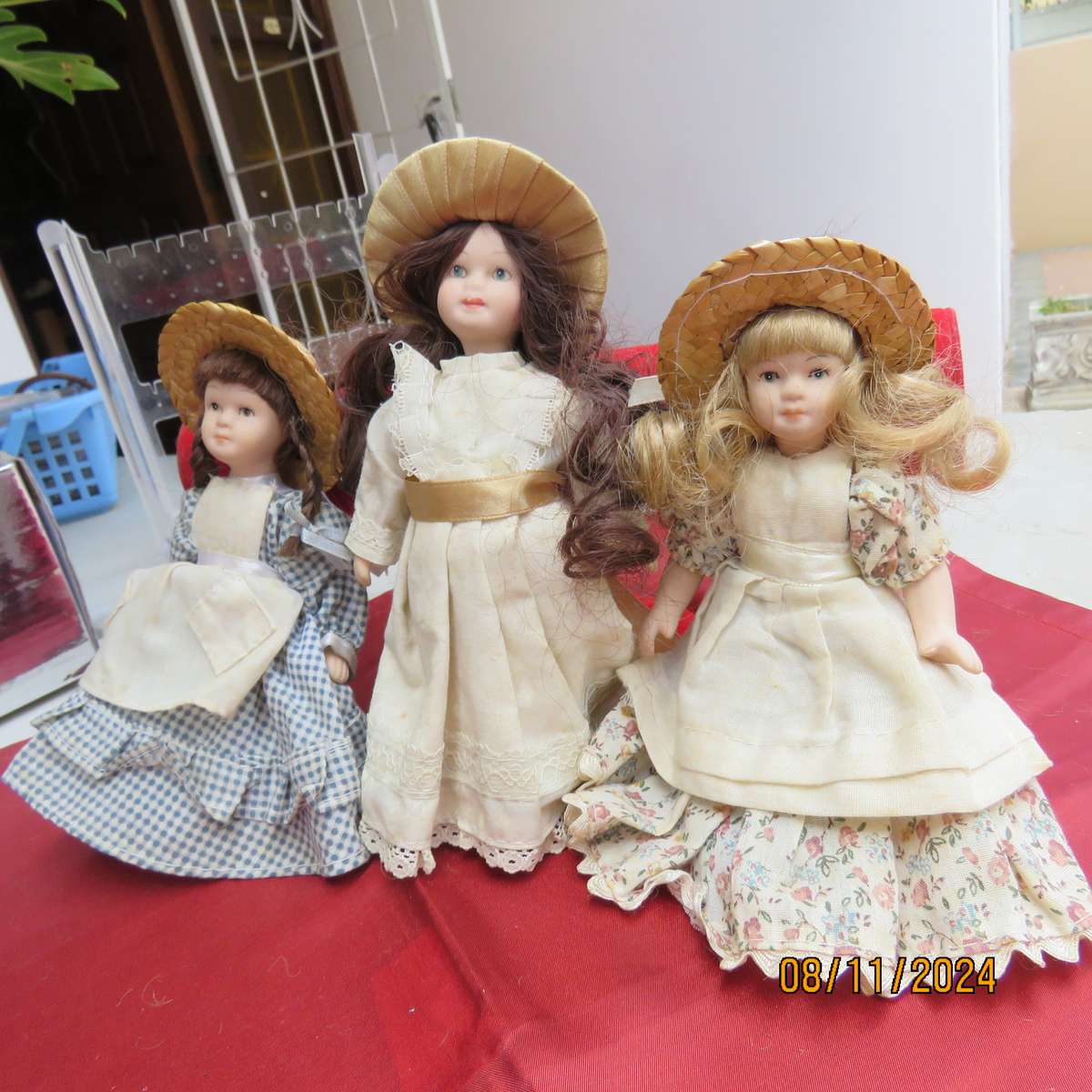 Set of 3 vintage collectable dolls with hats and long hair. Dressed. Height 15cm - 16.5cm. Excellent