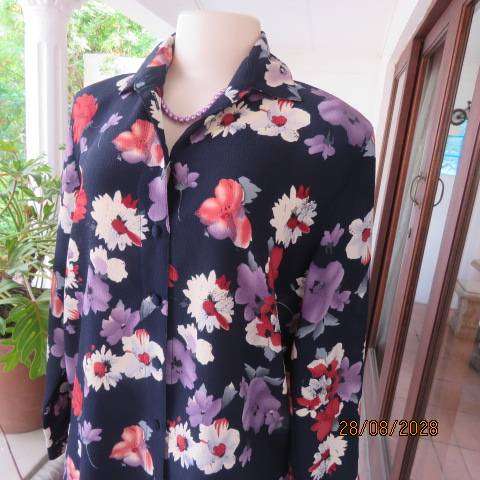 CABRILCO navy textured long sleeve polyester top with lilac, cream & brick floral print, size 40