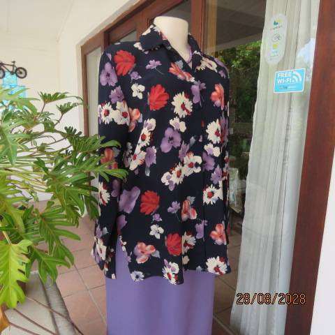 CABRILCO navy textured long sleeve polyester top with lilac, cream & brick floral print, size 40