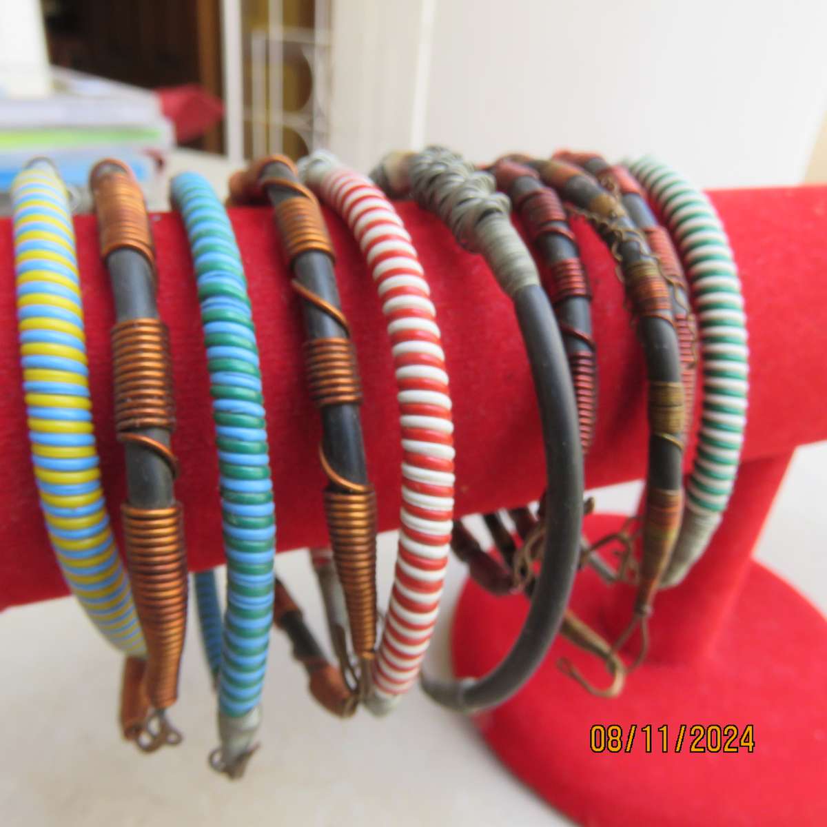 Selection of 10 popular ethnic bangles made from copper-steel wire-plastic-bone. Never used.