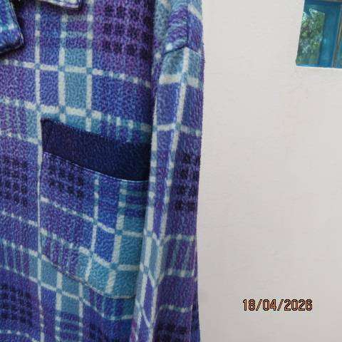 Men's winter pajamas in blue and jade check fabric with front pocket, size medium