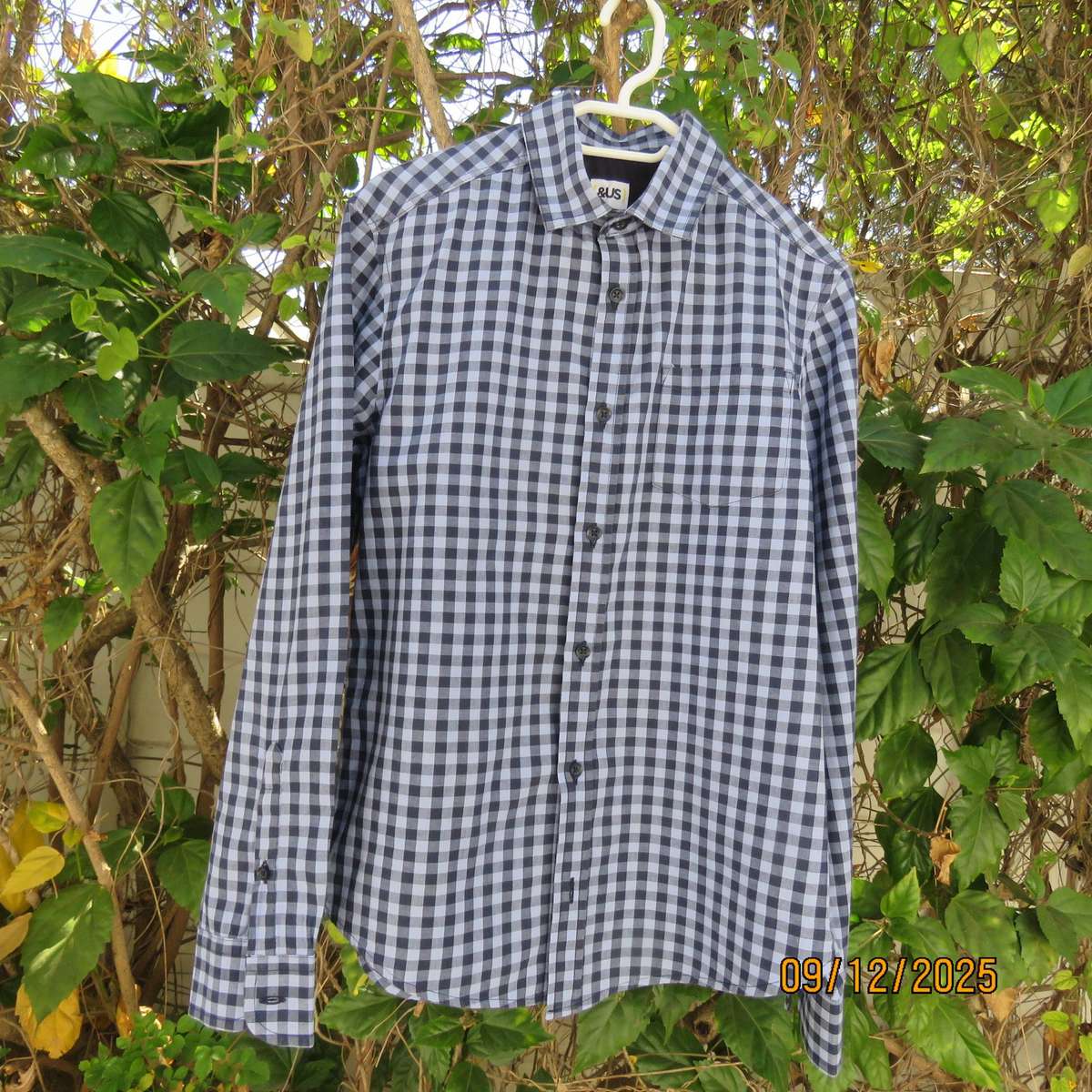 Navy-blue long sleeve check cotton shirt. Yoked back. For 12 yr old boy. (&US)