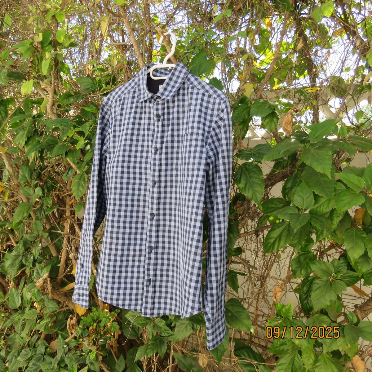 Navy-blue long sleeve check cotton shirt. Yoked back. For 12 yr old boy. (&US)