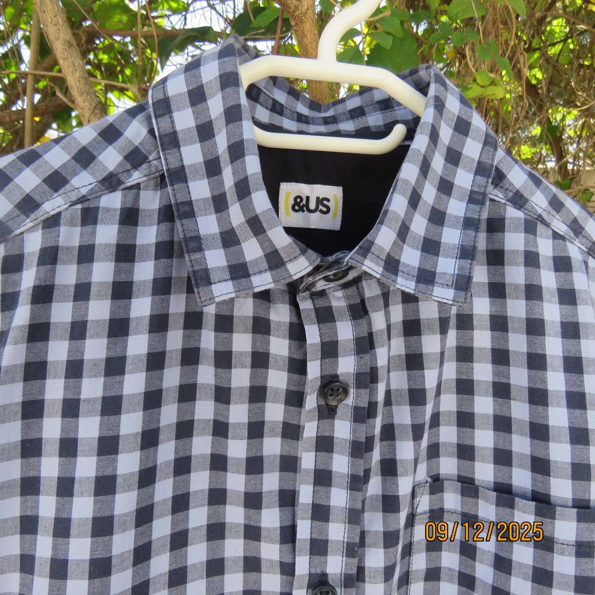 Navy-blue long sleeve check cotton shirt. Yoked back. For 12 yr old boy. (&US)