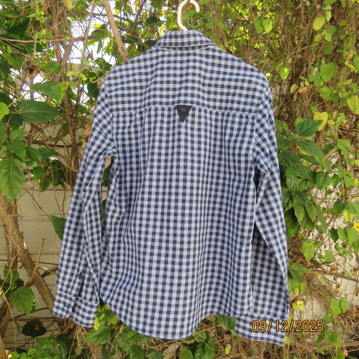 Navy-blue long sleeve check cotton shirt. Yoked back. For 12 yr old boy. (&US)