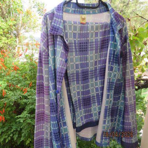 Men's winter pajamas in blue and jade check fabric with front pocket, size medium