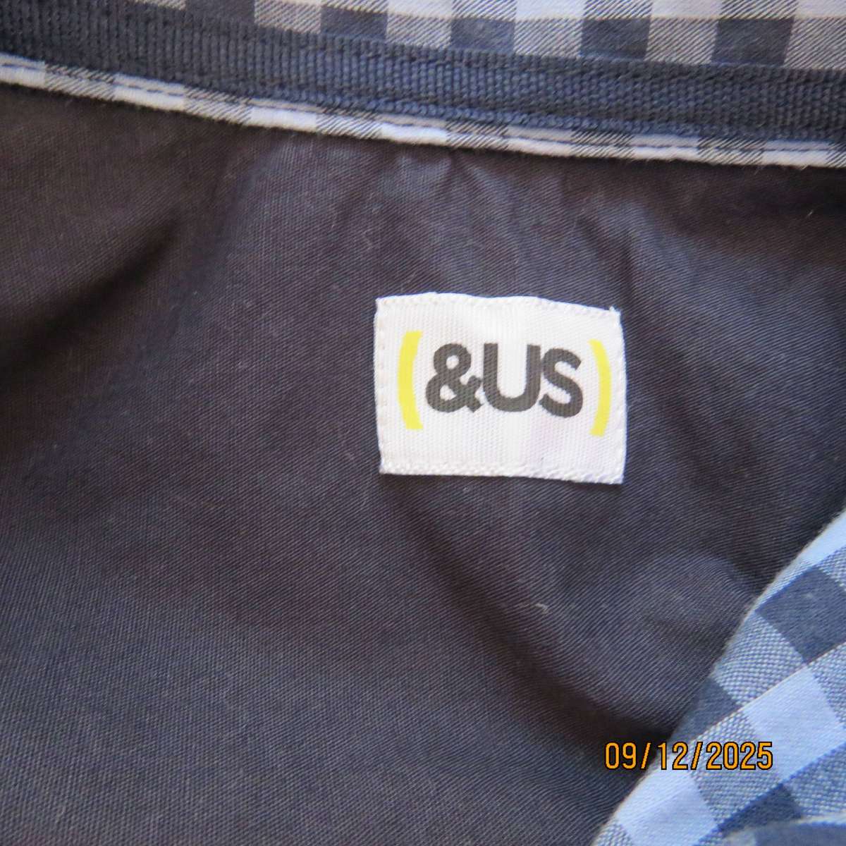 Navy-blue long sleeve check cotton shirt. Yoked back. For 12 yr old boy. (&US)