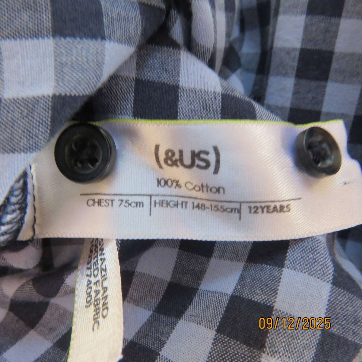 Navy-blue long sleeve check cotton shirt. Yoked back. For 12 yr old boy. (&US)