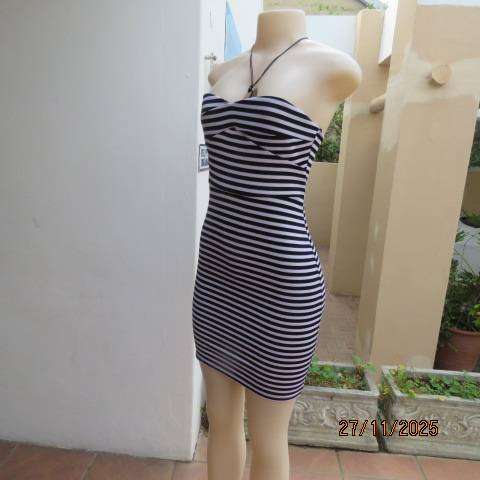 Black and white horizontal striped strapless bodycon dress in stretch polyester size 30