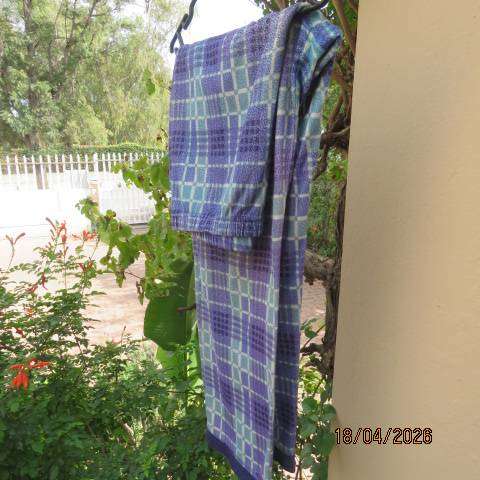 Men's winter pajamas in blue and jade check fabric with front pocket, size medium