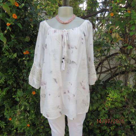 QUEENSPARK two-layer white viscose-nylon top with grey-pink floral print, size 42