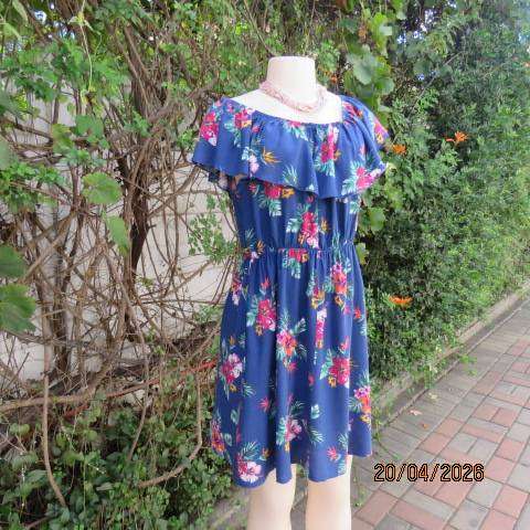 Judy's Pride navy viscose dress with elasticated waist and off-shoulder collar, size 38