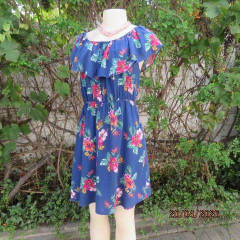 Judy's Pride navy viscose dress with elasticated waist and off-shoulder collar, size 38