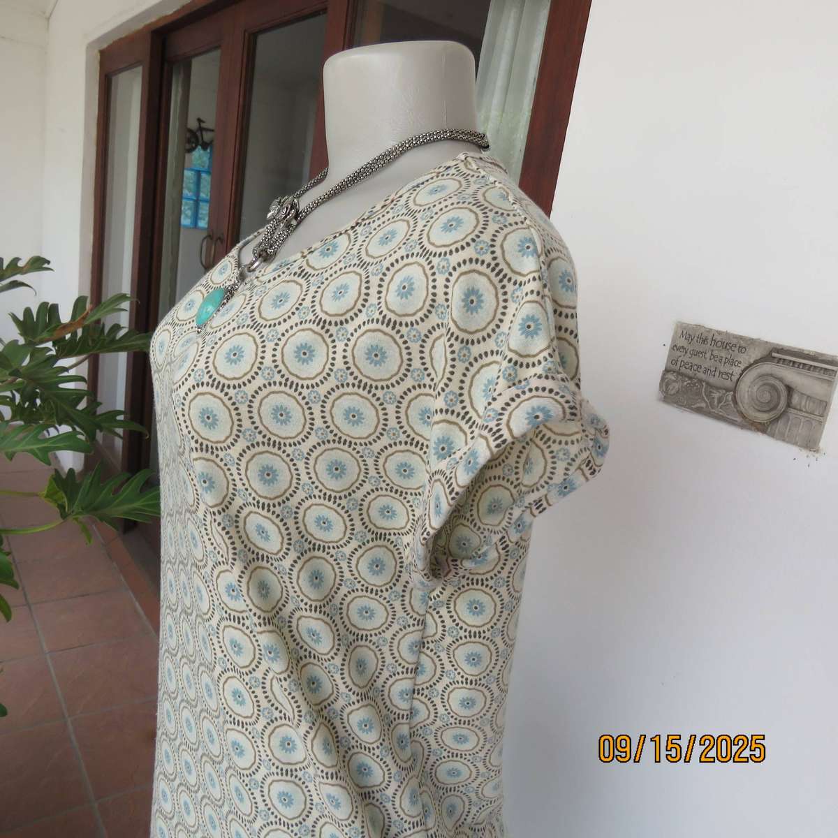 Beige slip over long polyester stretch top with brown circles-jade inners. Size 34-36