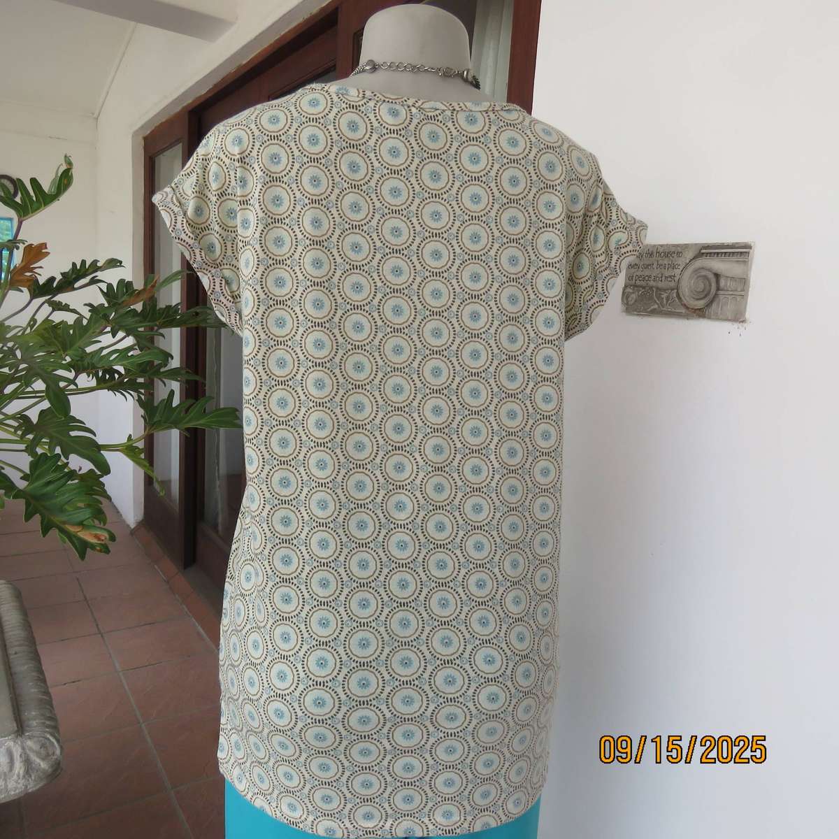 Beige slip over long polyester stretch top with brown circles-jade inners. Size 34-36