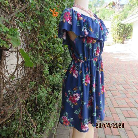 Judy's Pride navy viscose dress with elasticated waist and off-shoulder collar, size 38