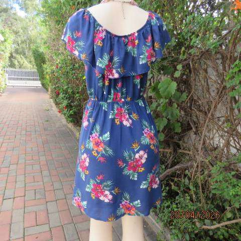 Judy's Pride navy viscose dress with elasticated waist and off-shoulder collar, size 38