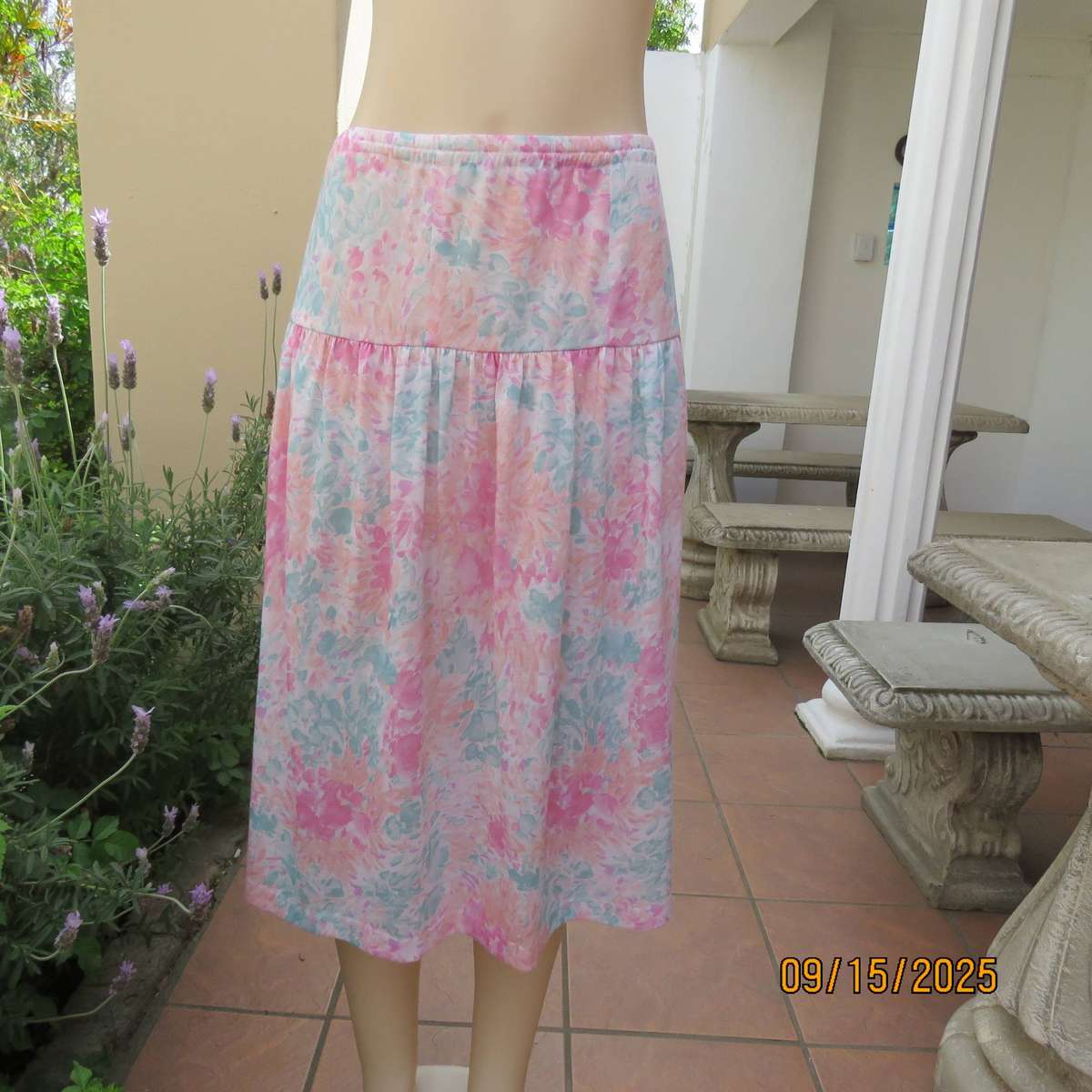 Owner made pink-peach-jade floral polyester stretch skirt size 42.