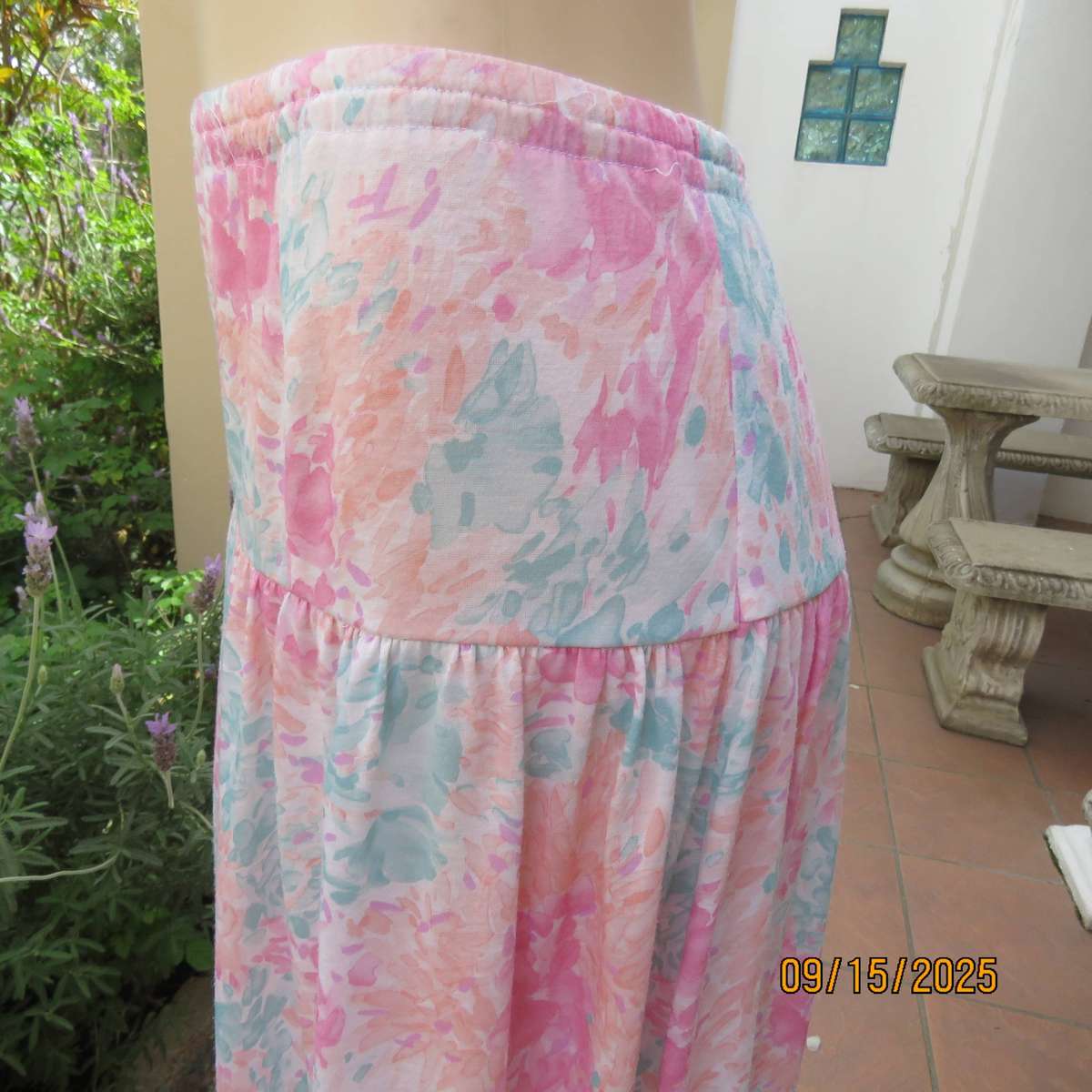 Owner made pink-peach-jade floral polyester stretch skirt size 42.