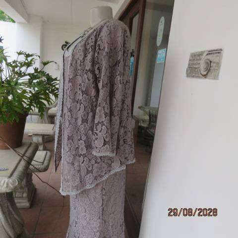 Pebbles luxury silver-grey lace maxi outfit with lined skirt, top and long sleeve jacket size 42