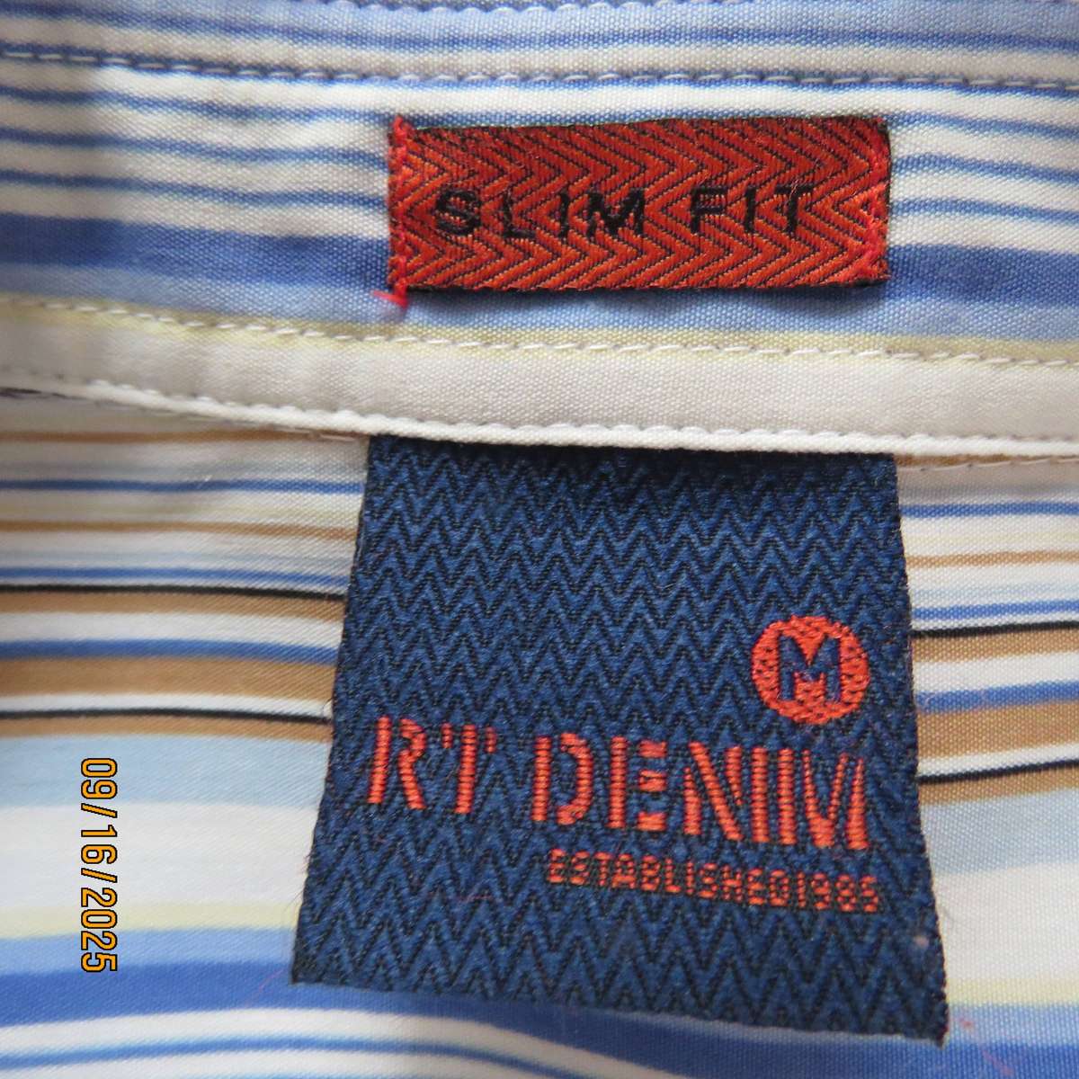 RT Denim modern short sleeve men's striped blue-tan-white-black shirt size M.