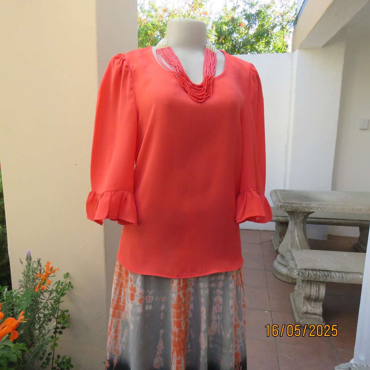 Crimson slip over crinkled polyester size 34 top by OR. Frilled sleeves.