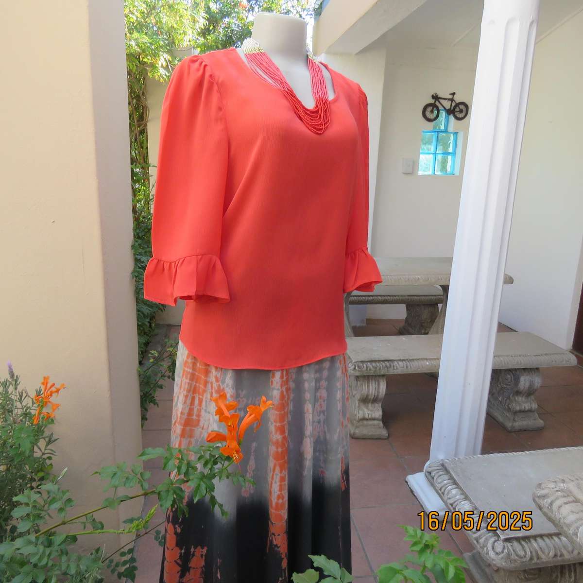 Crimson slip over crinkled polyester size 34 top by OR. Frilled sleeves.