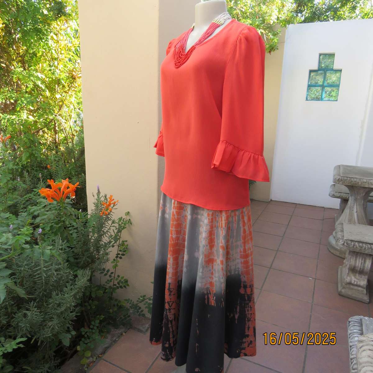 Crimson slip over crinkled polyester size 34 top by OR. Frilled sleeves.