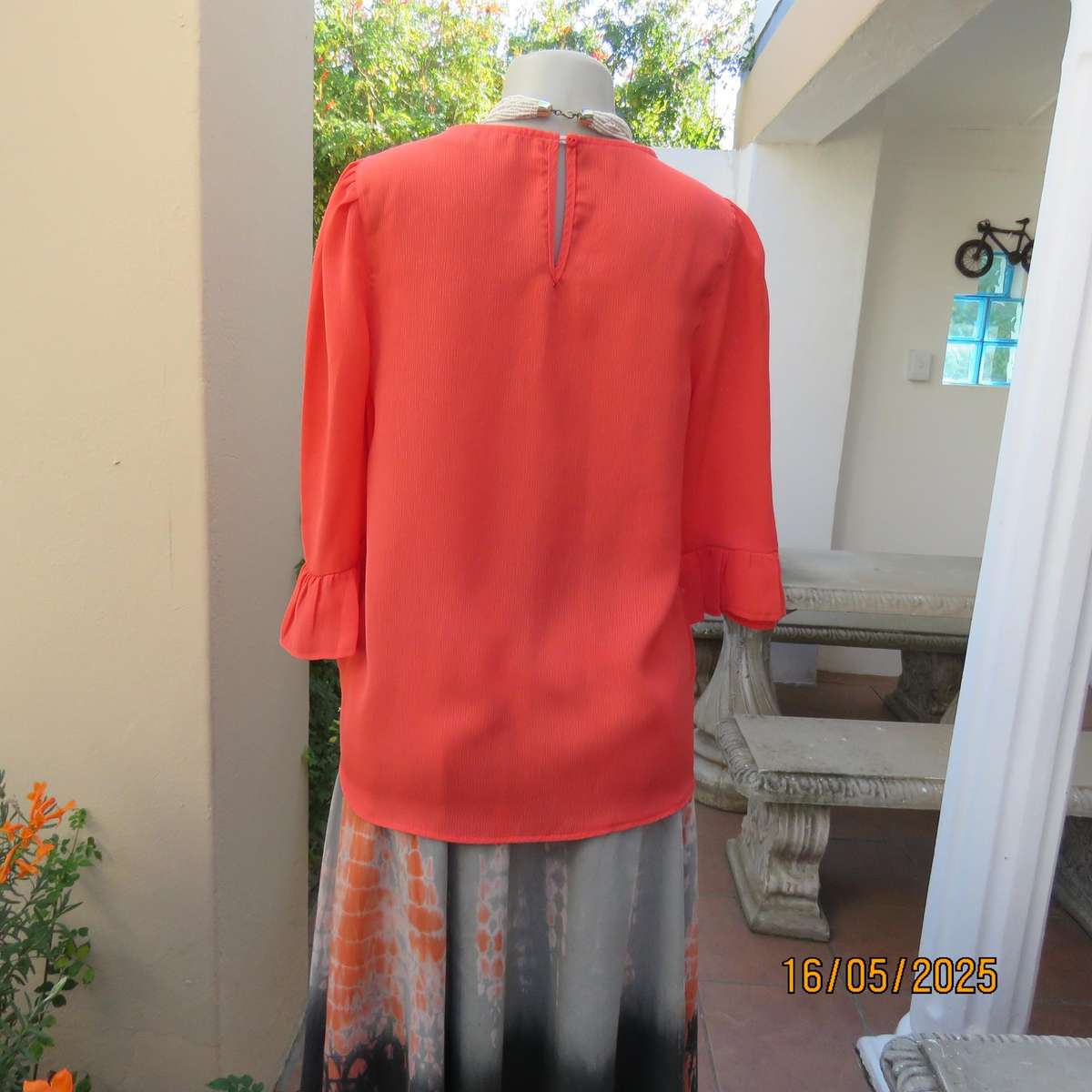 Crimson slip over crinkled polyester size 34 top by OR. Frilled sleeves.