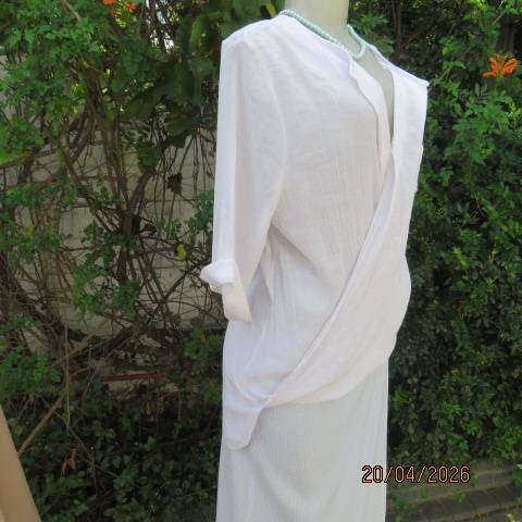 OR white crinkled poly-viscose top with unique crossover front and elbow sleeves, size 36