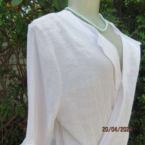 OR white crinkled poly-viscose top with unique crossover front and elbow sleeves, size 36
